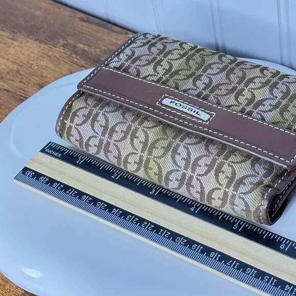 RARE Fossil Wallet Trifold Canvas Monogram Brown Leather Vintage Beautiful - Picture 10 of 11